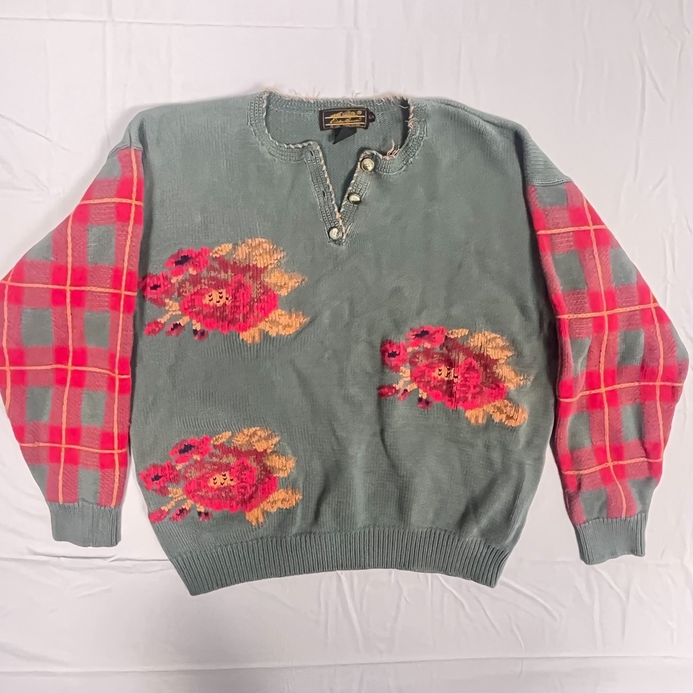 Vintage Eddie Bauer Sweater Womens Large Gray Red Plaid Fall Christmas Henley - Picture 1 of 11
